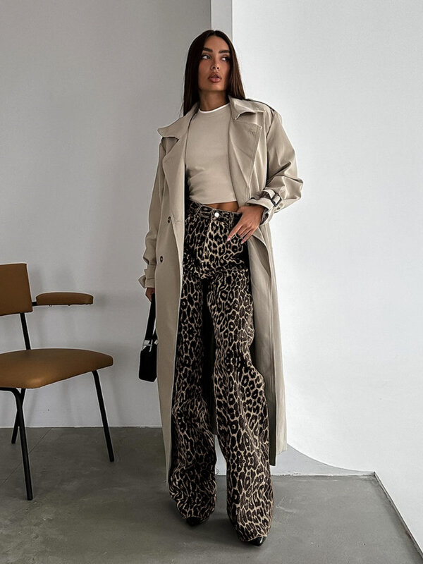 Bornladies-Pantalones Retro con estampado de leopardo para mujer, ropa de calle holgada de cintura baja, 100% algodón, informal, de pierna ancha, de longitud completa