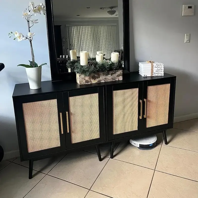 Cabinet, Furniture, Side Panel Buffet Storage Cabinet, with Rattan Decorative Door, Cabinet Table, Entrance, Living Room Cabinet