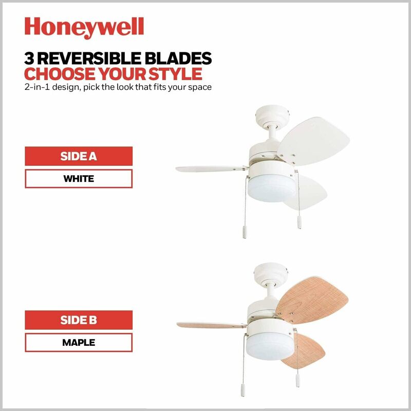 Honeywell Ceiling Fans Ocean Breeze, 30 Inch Modern Indoor LED Ceiling Fan with Light, Pull Chain, Dual Mounting Options