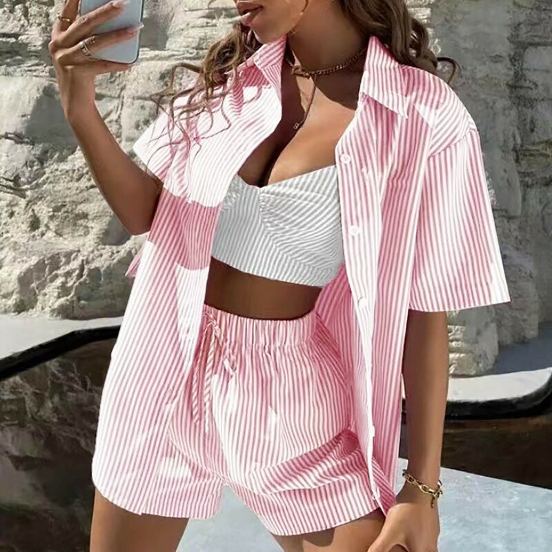 Lounge Wear Women's Home Clothes Stripe Long Sleeve Shirt Tops Loose High Waisted Mini Shorts Two Piece Set Pajamas Tracksuit