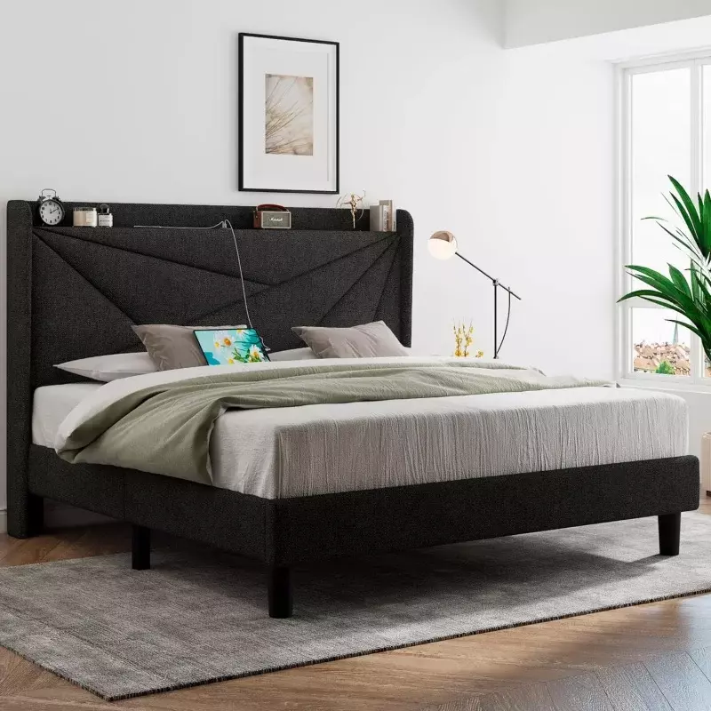 Feonase Queen Bed Frame with Type-C & USB Ports, Upholstered Platform Wingback Storage Headboard, Solid Wood