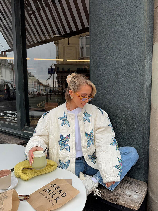 Abrigo de algodón con estampado de hojas de colores para mujer, chaqueta gruesa de manga larga con cuello redondo, ropa de calle para primavera, 2024