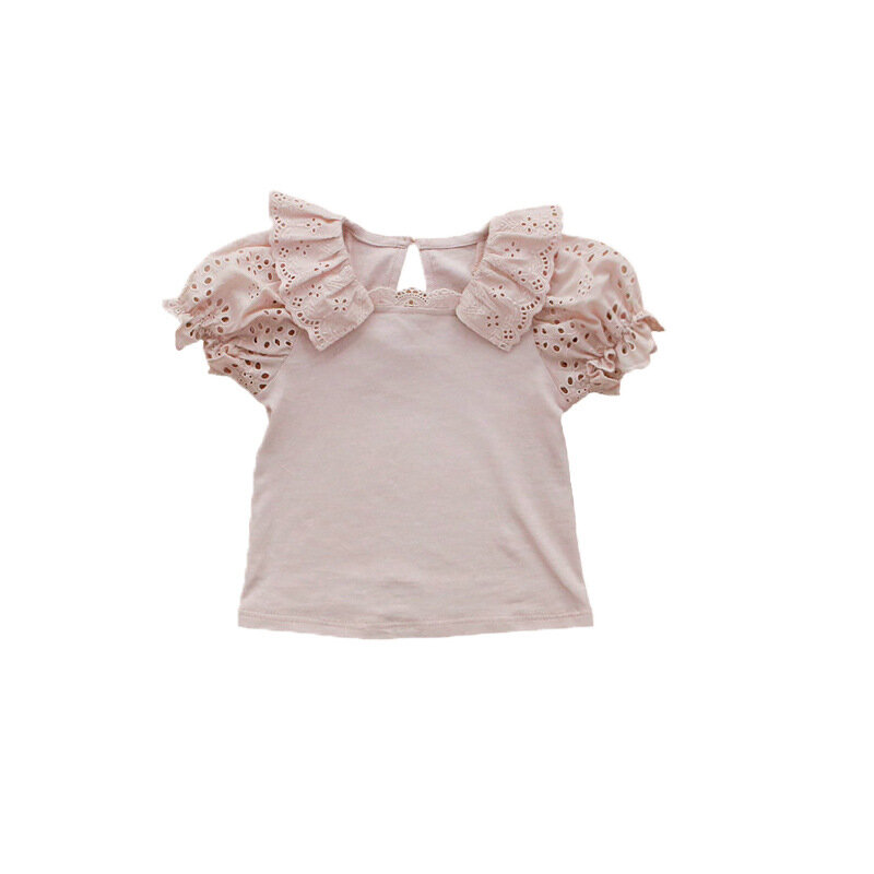 Camiseta elástica de manga curta infantil, renda bordada macia, bolha de lapela, roupas de algodão, meninas, verão, 2024
