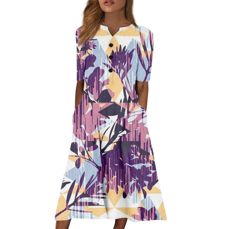 Women's Summer Casual Printed V-Neck Short-Sleeve Swing Dress Female Clothing Streetwear vestidos femenino