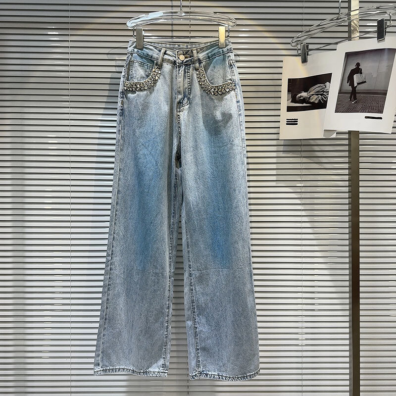 Baggy Pants 2024 Spring New Hot Girl Rhinestone Beaded Pocket Jeans Women Heavy Industry Tie-Dyed Y2k Wide Leg Pants