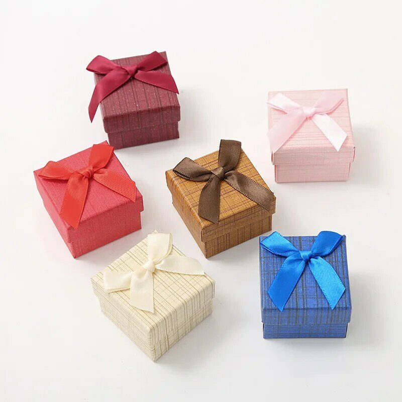 Caja de embalaje de joyería con lazo para propuesta de cumpleaños, caja de regalo cuadrada de cartón para pendientes, anillo y collar de boda