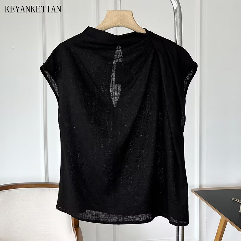 KEYANKETIAN 2024 New Launch Shoulder Drape Design High-Grade Temperament Shirt Women's Cotton Linen Blouse Thin Black Pullover