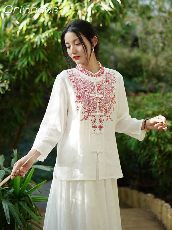 OriGoods camicia estiva con ricamo in stile nazionale lino 100% camicie con camicetta etnica in stile cinese da donna 2024 nuovi top in lino Q073