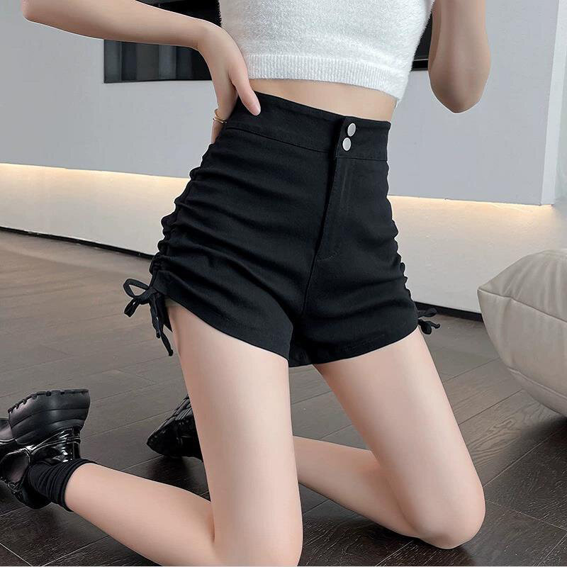 Zomer Nieuwe Oversized Trend Shirring Bandage Slanke Zwarte Korte Lady Hoge Taille Casual Mode All-Match Shorts Vrouwen kleding