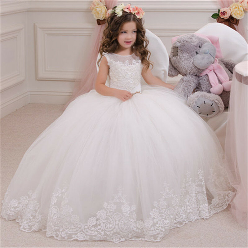 Weiß Kinder Brautjungfer Kleid für Mädchen Blume Langarm Floral Spitze Tüll EINE Linie Kleid Appqulies Hochzeit