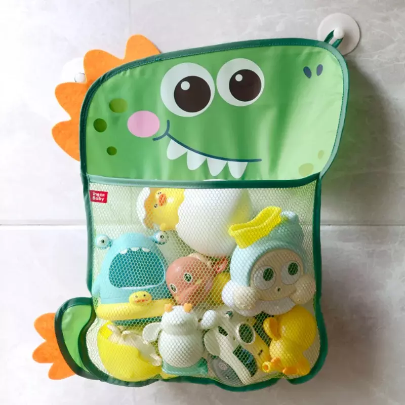 Bolsa de almacenamiento de red de malla de dinosaurio de pato lindo para bebé, ventosas fuertes, bolsa de juego de baño, organizador de baño, juguetes de agua para niños