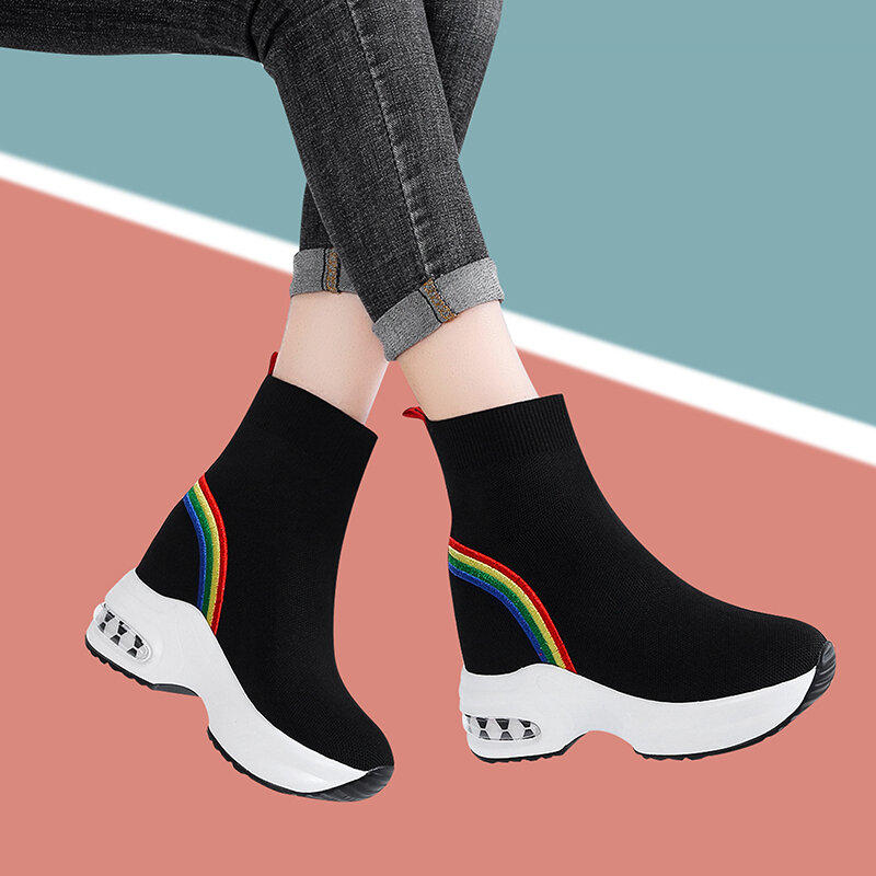 النساء أحذية رياضية 2022 جديد المرأة جولة تو حك حك حذاء من الجلد الأحذية منصة عالية الكعب الانزلاق على أحذية الفتيات Zapatos دي Mujer