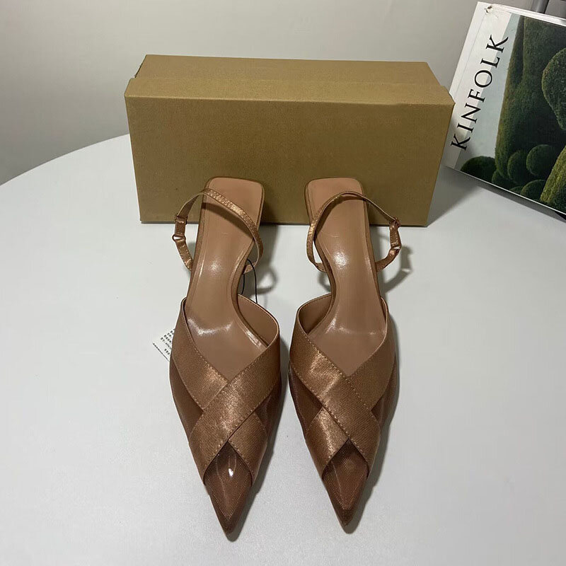 Sandalias de tacón puntiagudas fino para mujer, zapatos de tacón alto de estilo marrón, tendencia de verano, 2024