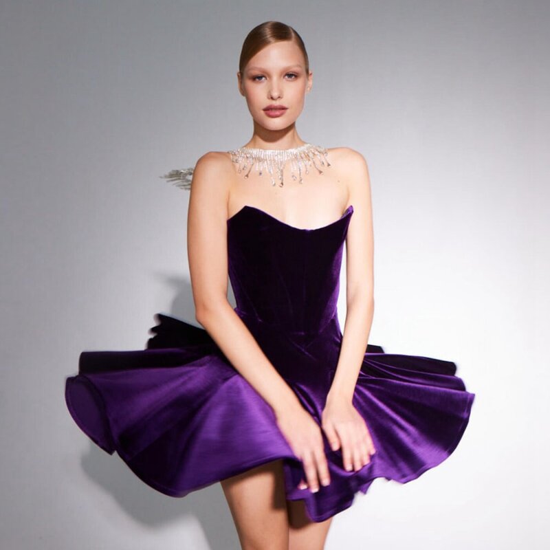 Gaun pesta beludru ungu tanpa tali gaun Prom panjang Mini ruffle Gaun buatan khusus punggung terbuka pakaian wanita ukuran besar
