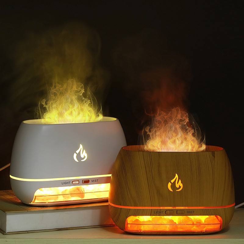 Pelembap Aroma batu garam kristal Himalaya, pelembap minyak esensial aromaterapi api 3D dengan lampu malam