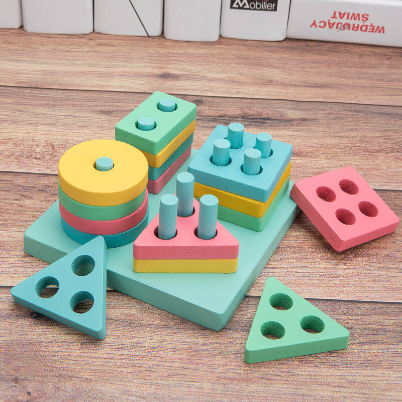 Baby Educational Wooden Toy Pillar Blocks Early Learning Kids Birthday Christmas Gift Early Education Shape Matching Set Column