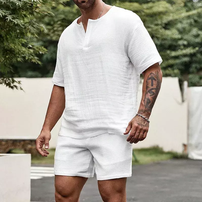 Conjunto de camisa e shorts de manga curta masculino casual sólido com decote em v, conjunto solto verão, 2 peças, 2024
