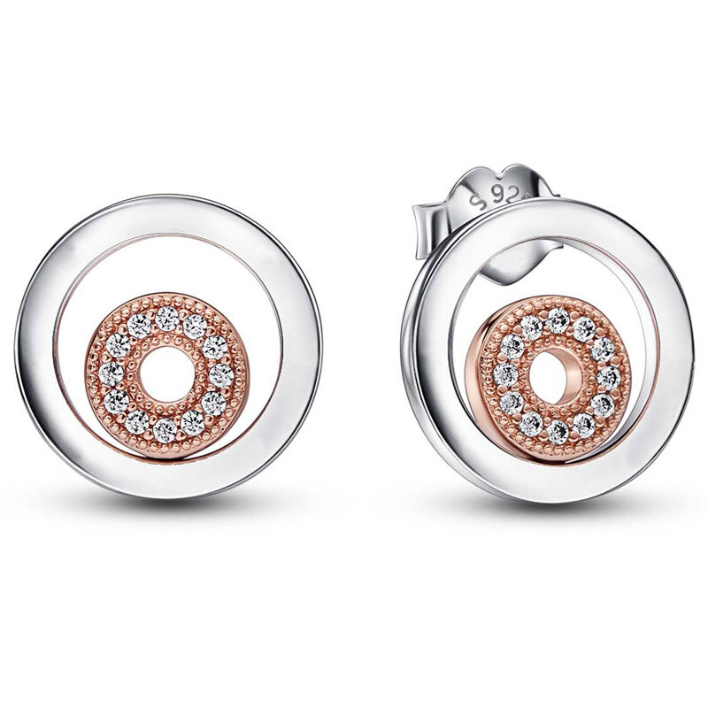 Pendiente de aro de Plata de Ley 925 con doble círculo para mujer, joyería de moda con encanto de corazón de legado rosa, regalo de cristal