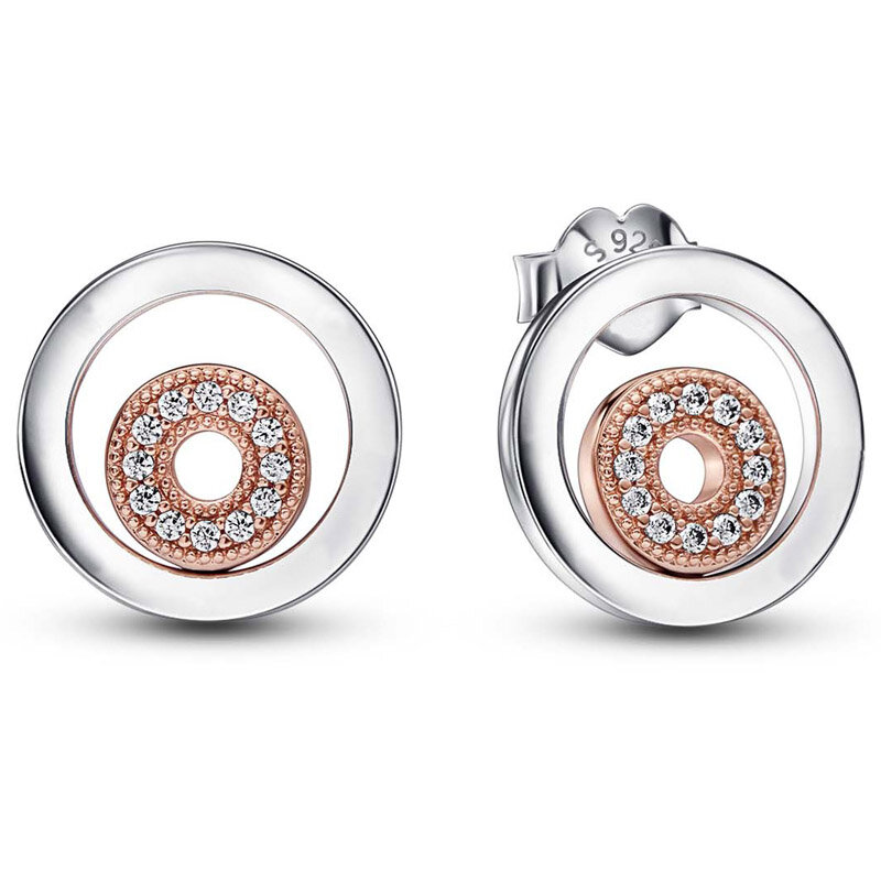 Neue 925 Sterling Silber Doppel kreis Signatur rosa Erbe Herz Charme Creolen mit Kristall für Frauen Geschenk Modeschmuck