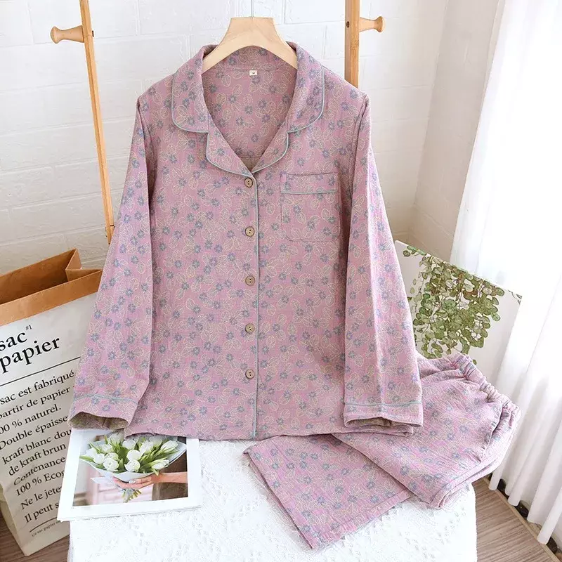 Pijama de manga larga para mujer, ropa de dormir de Jacquard de hilo de algodón teñido, estilo de moda, ropa de casa, primavera y otoño