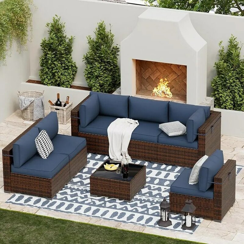Conjuntos de móveis secionais pátio de vime ao ar livre, sofá modular do Rattan, conversa definida para quintal, deck