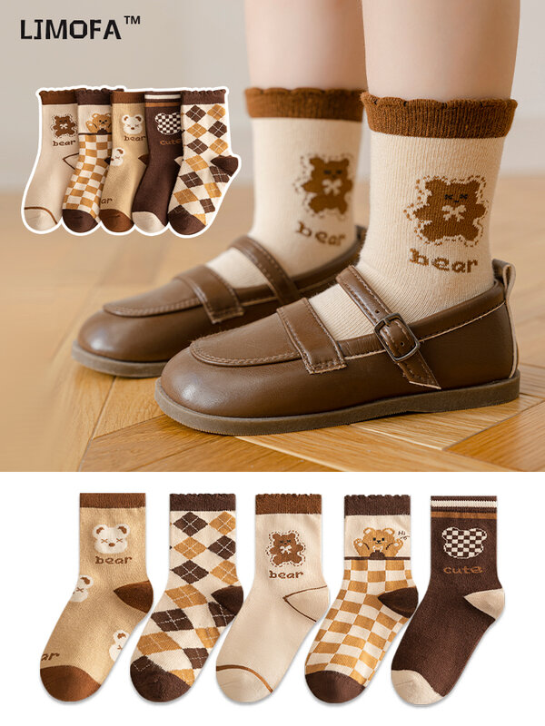 LJMOFA chaussettes à carreaux rayées pour filles, 5 paires, motif ours, dessin animé mignon, chaussettes de Skateboard rétro pour enfants, automne et hiver