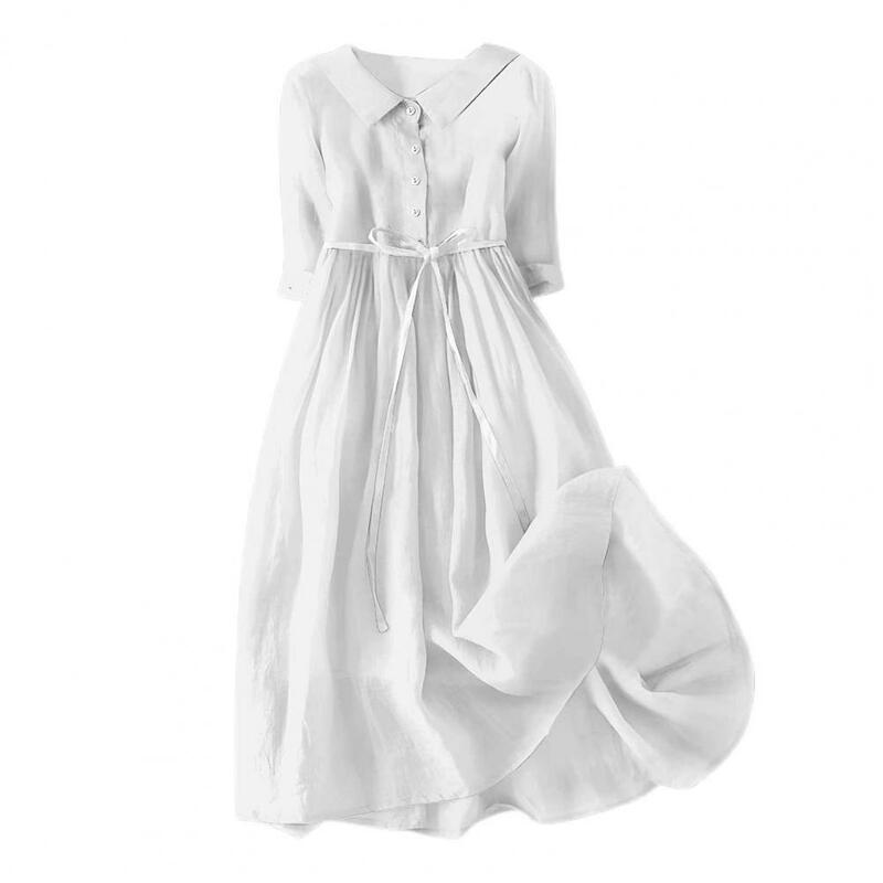 Women's Summer Dress Lapel Bohemian Half-sleeved A-line Pleated High Belt Large Hem Semi-single-breasted Holiday Dress