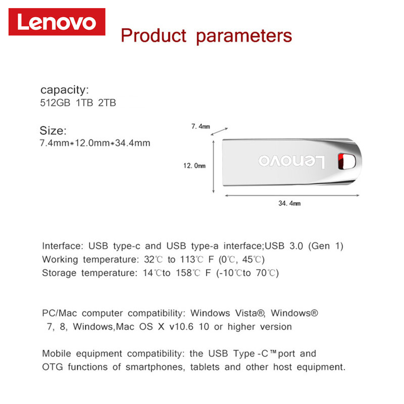 Lenovo-Mini Pendrive de Metal de alta velocidad, unidad Flash portátil de 2TB, Usb 3,0, 1TB, 512GB, almacenamiento de Memoria a prueba de agua, disco U