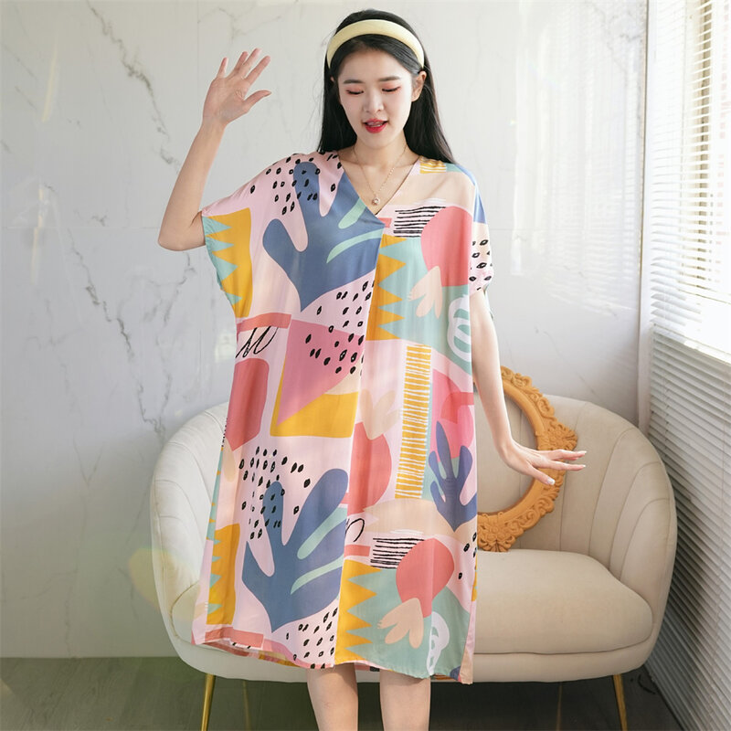 Summer New Viscose Nightgowns Large Size V-neck Nightdress Short Sleeves Printed Home Dress Loose Sleepwear Breathable Homewear