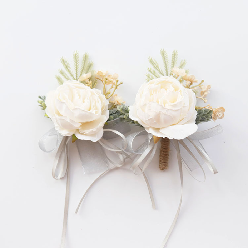 Fleurs artificielles blanches pour mariage, fournitures de mariage, ouverture des invités, corsage à la main, 2414