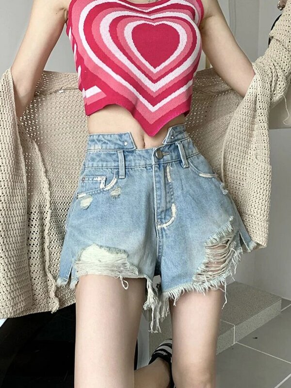 Zoki-Short en jean taille haute pour femme, sexy, troué, vintage, décontracté, doux, streetwear coréen, design rétro, assressenti