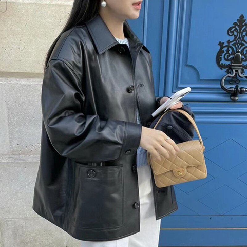 2023 Autumn Winter Button Pocket Casual Leather Coat Women Loose Office Lady Leather Coat Turn-down Collar Fashion Leather Coat