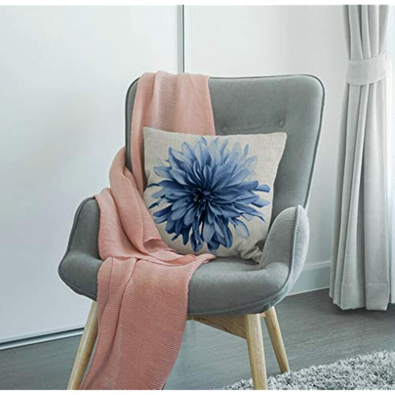 Funda de almohada de lino y algodón, cubierta decorativa de flores de color azul claro