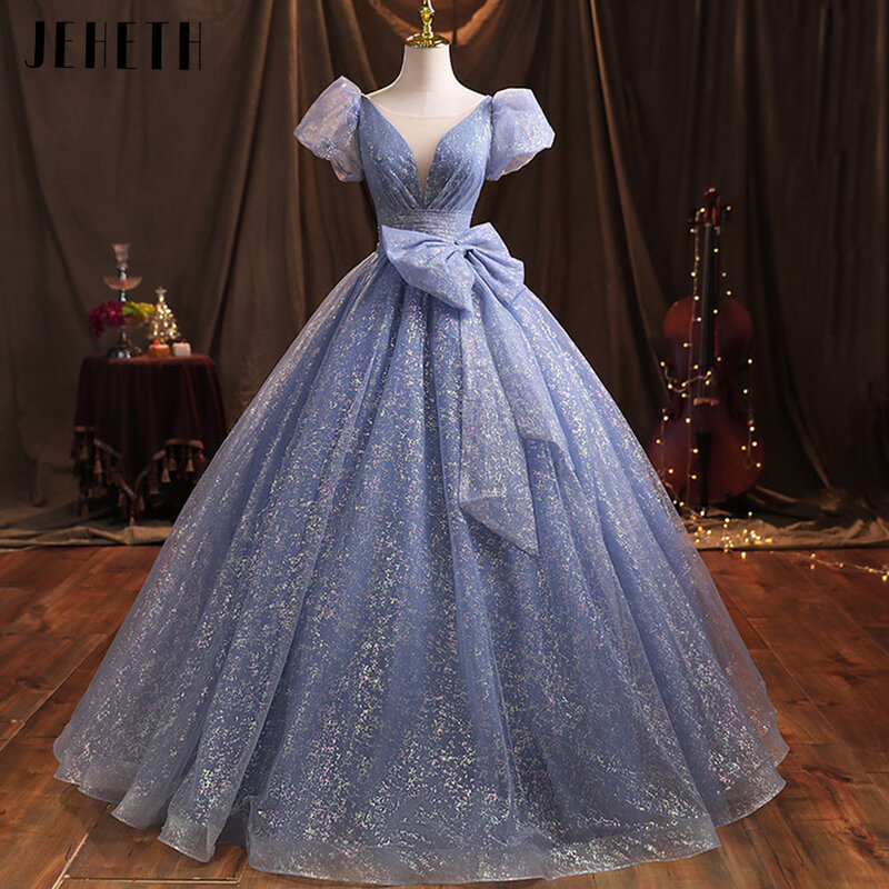 JEHETH Real Photos Glitter Prom Gown Puff Sleeves Princess Birthday Dresses Sparkling robe de bal Formal Evening Party For Women