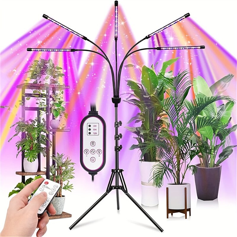 Luce progressiva a LED regolabile per piante da interno con treppiede (15-63 pollici), luce per piante a spettro completo con controllo della temporizzazione e