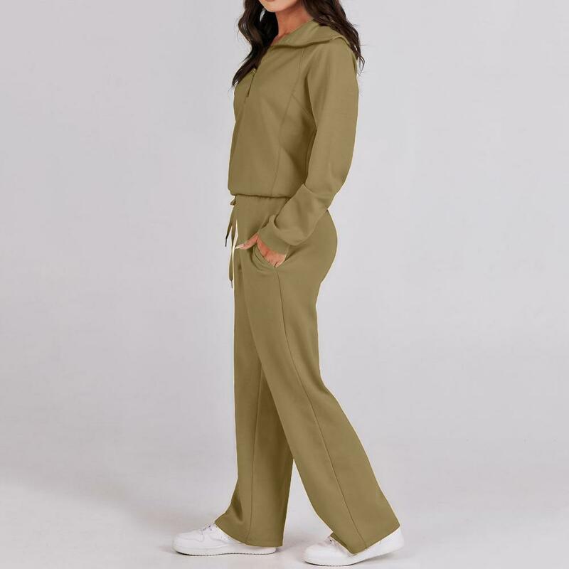 女性のためのカジュアルな衣装、ラペルジッパーネックライン、長袖スウェットシャツ、伸縮性のあるウエストドローストリングワイドレッグパンツ、セットあたり2個