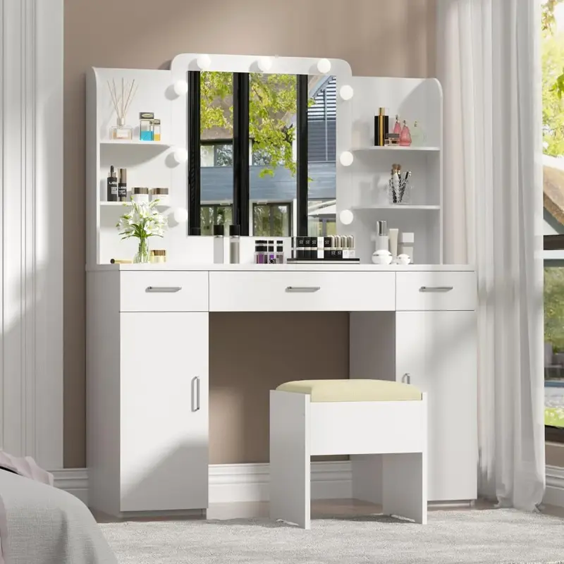 Vanity Desk with Mirror and Lights, 45.3" Vanity Set with Mirror and Stool, Large Makeup Vanity with Drawers and Cabine
