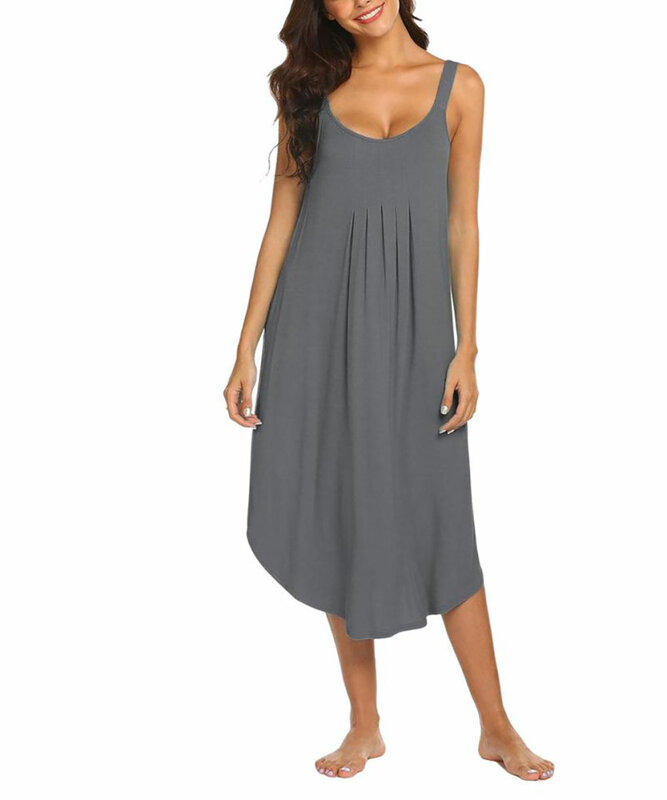 Women's U-neck Dresses Summer Loose Fit Sleeveless Tank Midi Dresses Casual Pleated T-shirt Skirts Nightgown