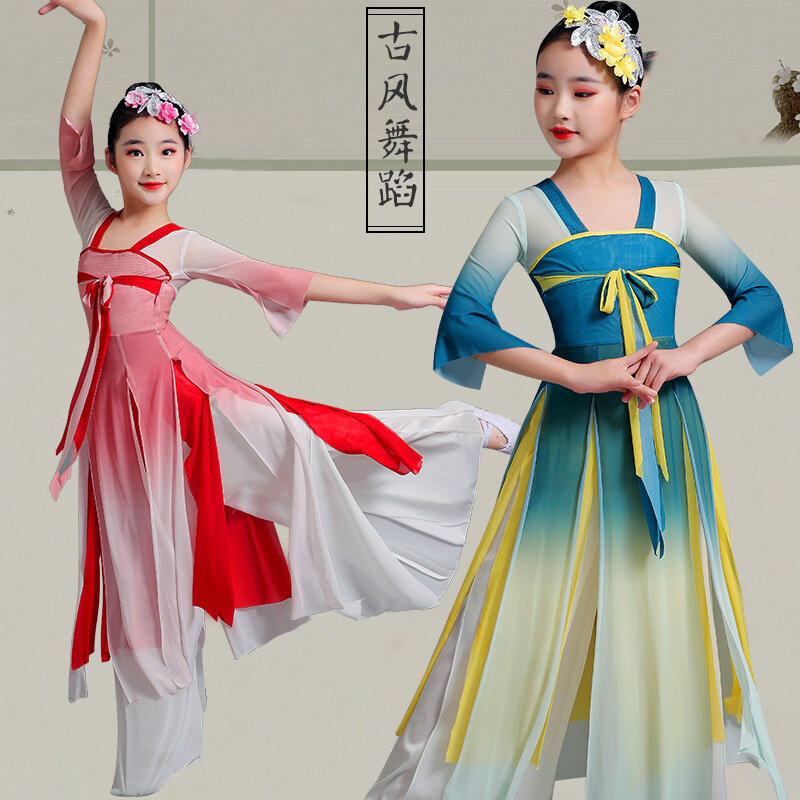 Costume cinese hanfu nuovi costumi da palcoscenico classici per bambini ombrello danza ragazze etniche abbigliamento Yangko fan dance