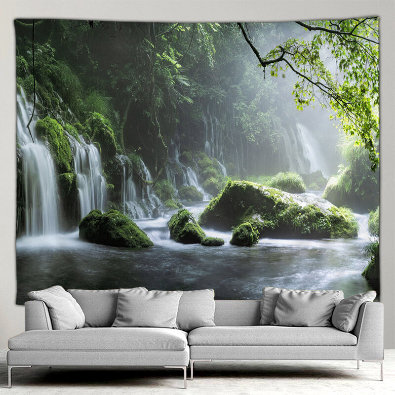 Ogrodowa plakat krajobraz z wodospadem leśny gobelin tropikalne rośliny krajobraz domu Patio ozdoba na ścianę ozdobne malowidło ścienne