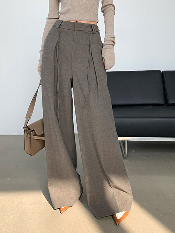 [LANMREM] Drawstring Design Wide Leg Pants For Women 2024 Summer New High Waist Office Lady Loose Suits Trousers 26D8566