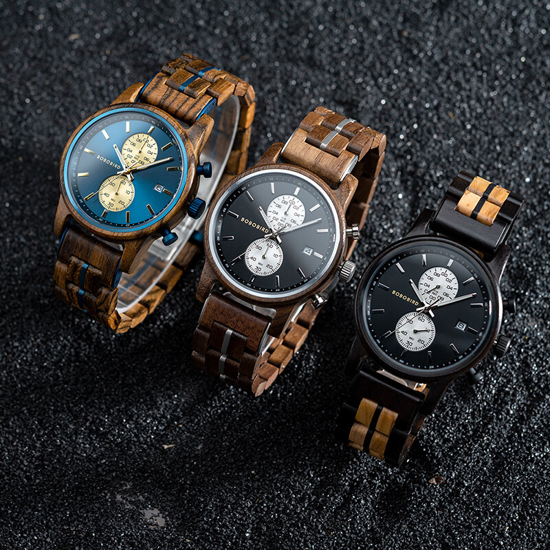 Bobo Vogel Hout Horloge Mannen Bedrijvengids Quartz Horloges Gegraveerde Houten Chronograaf Horloge Met Datum Display Custom Reloj Madera