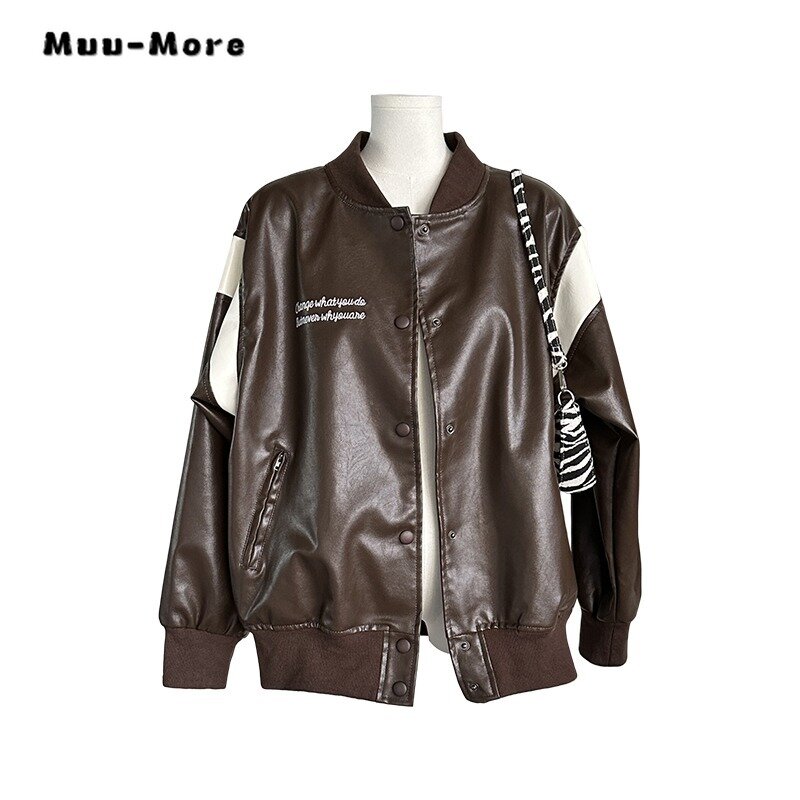 Women Casual Gothic Hip-hop Motocycle Style Faux Leather Jacket 2023 Autumn Winter Vintage Loose Long Sleeve Faux Jacket