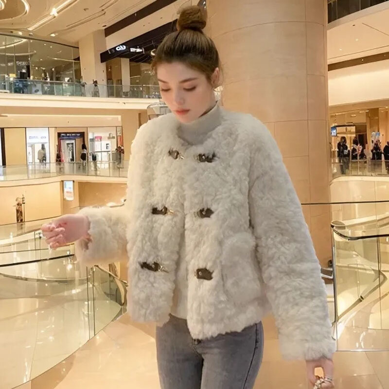 Casaco de pele grossa feminino, jaqueta de caxemira de cordeiro, casaco curto Xiaoxiangfeng feminino, tops de pelúcia, gola redonda, nova moda