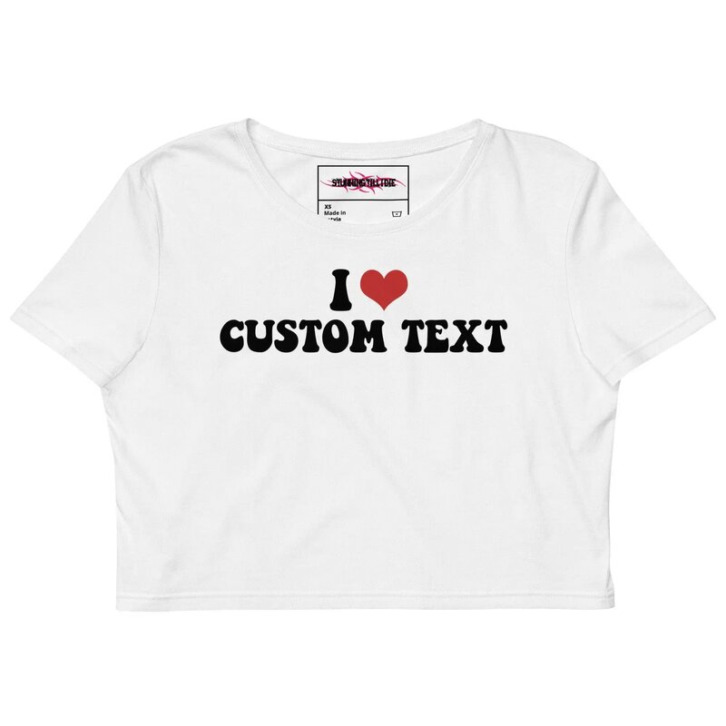I Love Custom Crop Top para mujer, camiseta informal suelta con tu foto, logotipo personalizado, imagen propia, cuello redondo