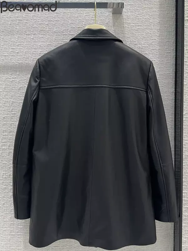 Fashion Runway Autumn Black Color Sheepskin Outerwear Women's Ulster Collar Multi Pocket Loose Long Sleeve Outerwear