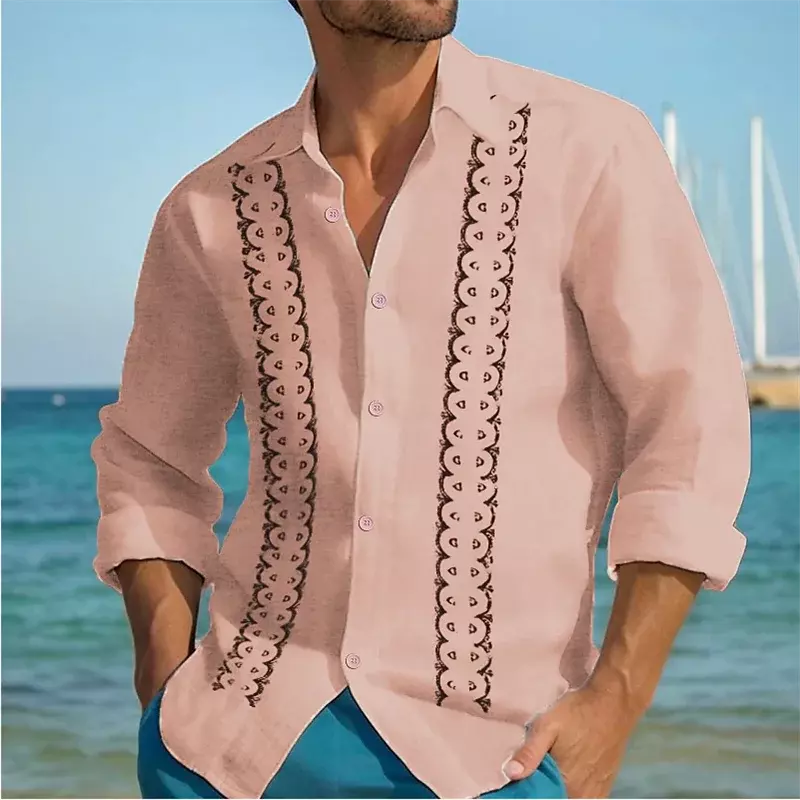 Kemeja Linen pria atasan lengan panjang, Kaus bergaris kerah Hawaii pakaian liburan nyaman