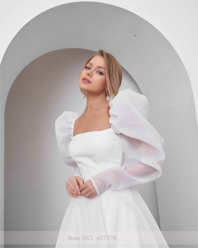 Klasyczna szyfonowa kwadratowy kołnierzyk suknia ślubna w kształcie linii z suknią ślubną z długim rękawem do sukni ślubnej z mariée