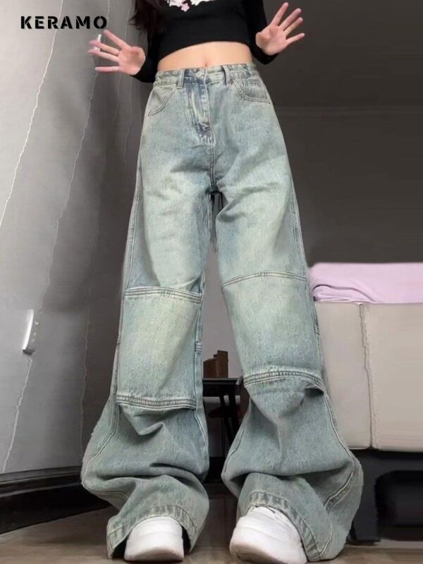 Pantalones vaqueros holgados de pierna ancha para mujer, Pantalón recto informal Vintage de cintura alta, estilo Retro, Años 2000