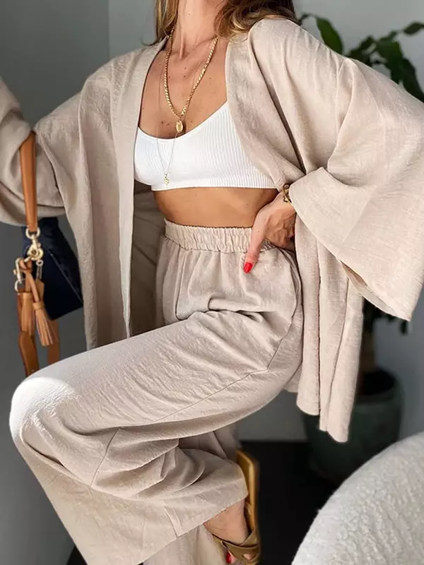 Calça de linho feminina com blusa, conjunto casual solto de duas peças, calça de algodão, agasalho, roupas elegantes, verão, 2024